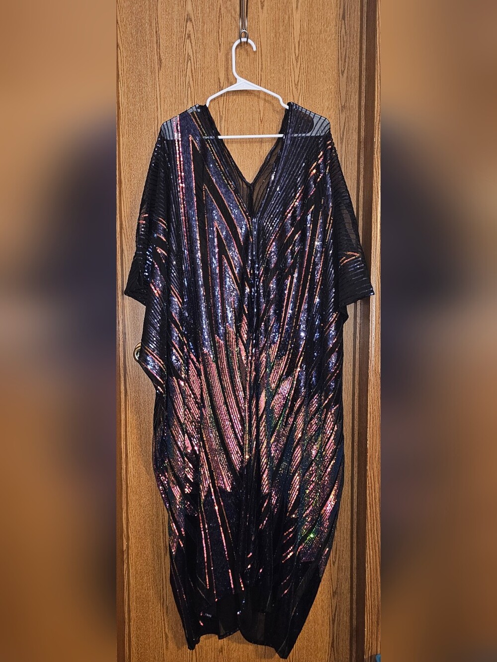 Black Metallic Sheer Kaftan Dress with Iridescent Stripe Detail